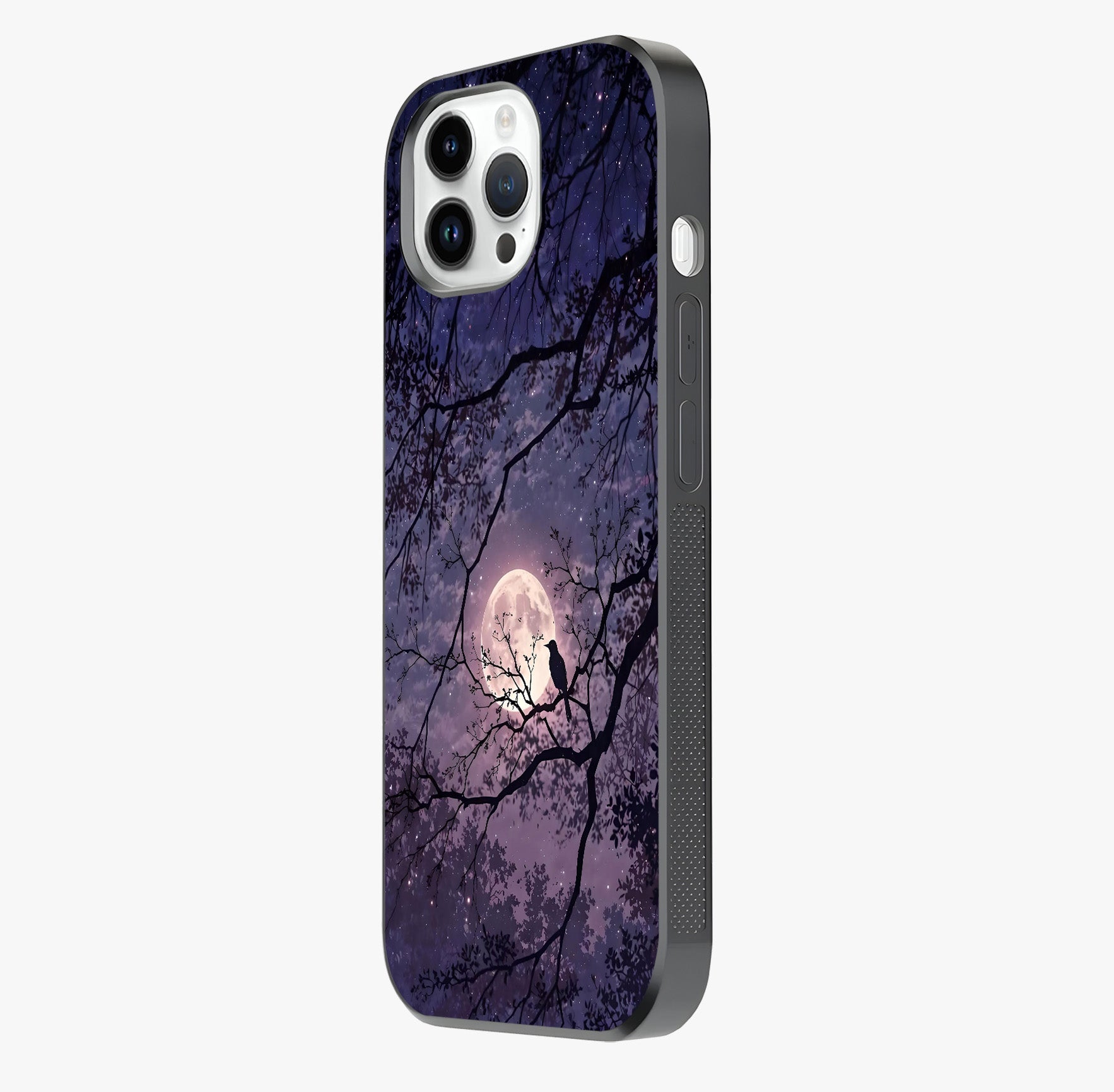 Whispering Moon Silence Glass Case photographed in natural light showing reflective finish and design depth.