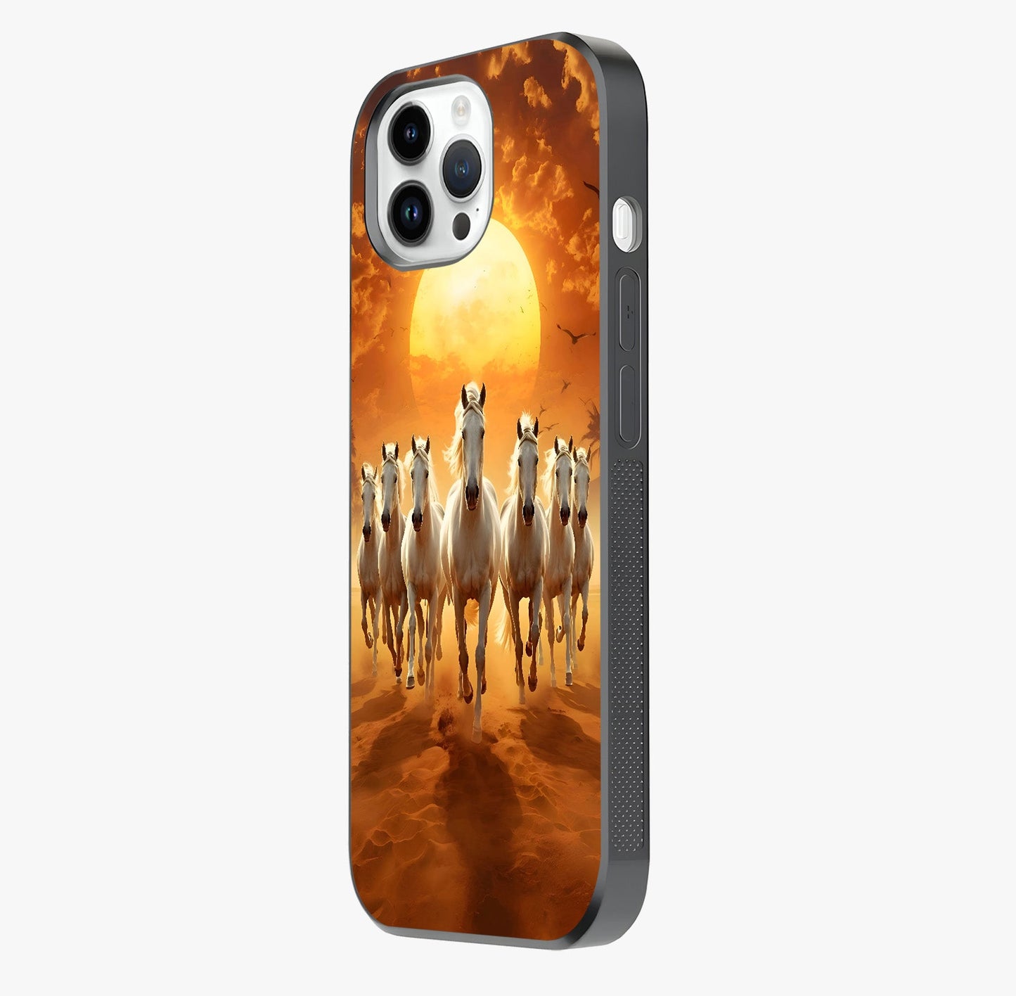 Wild Sunset Majesty Glass Case photographed in natural light showing reflective finish and design depth.