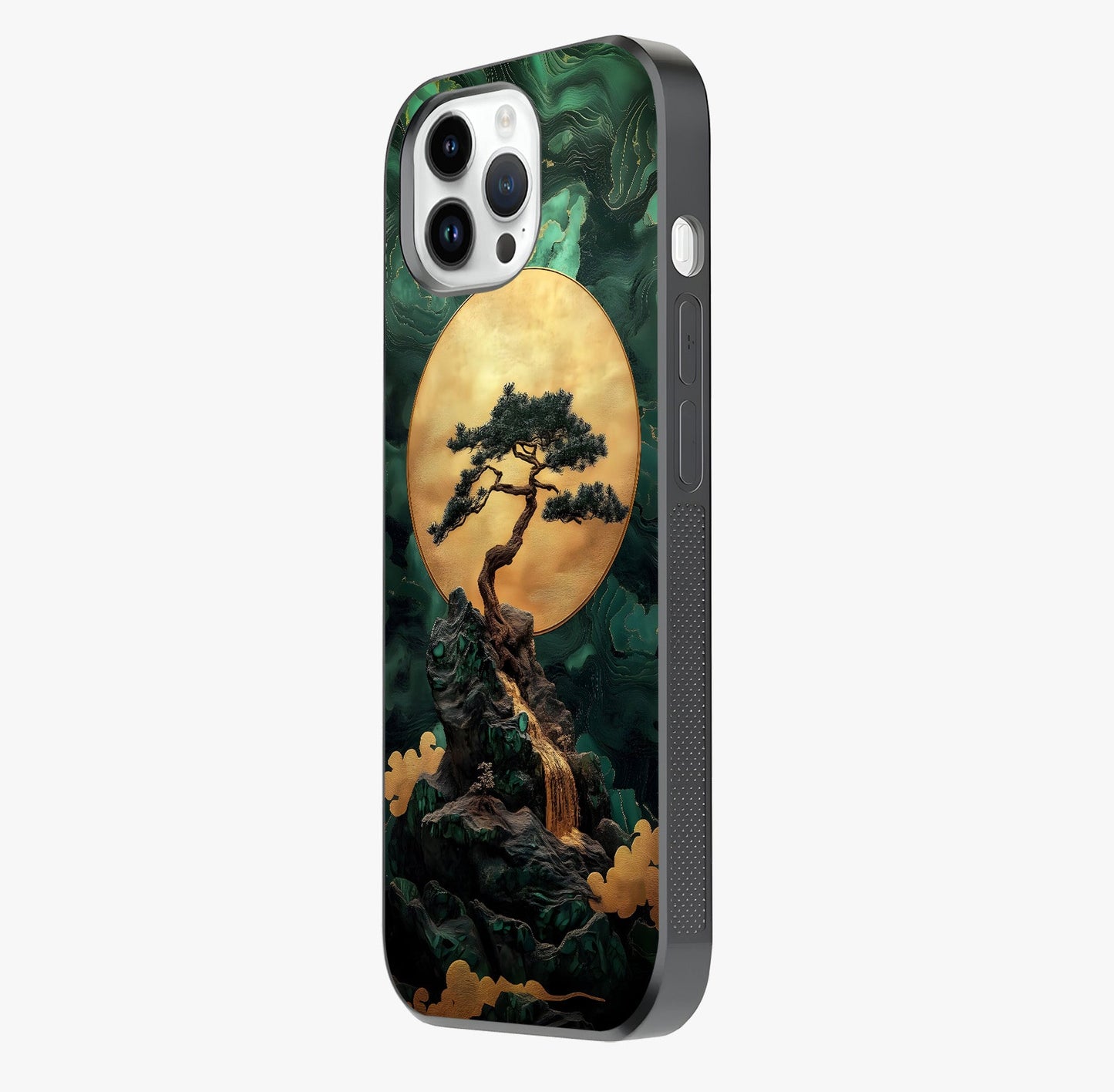 Zen Moon Rise Glass Case photographed in natural light showing reflective finish and design depth