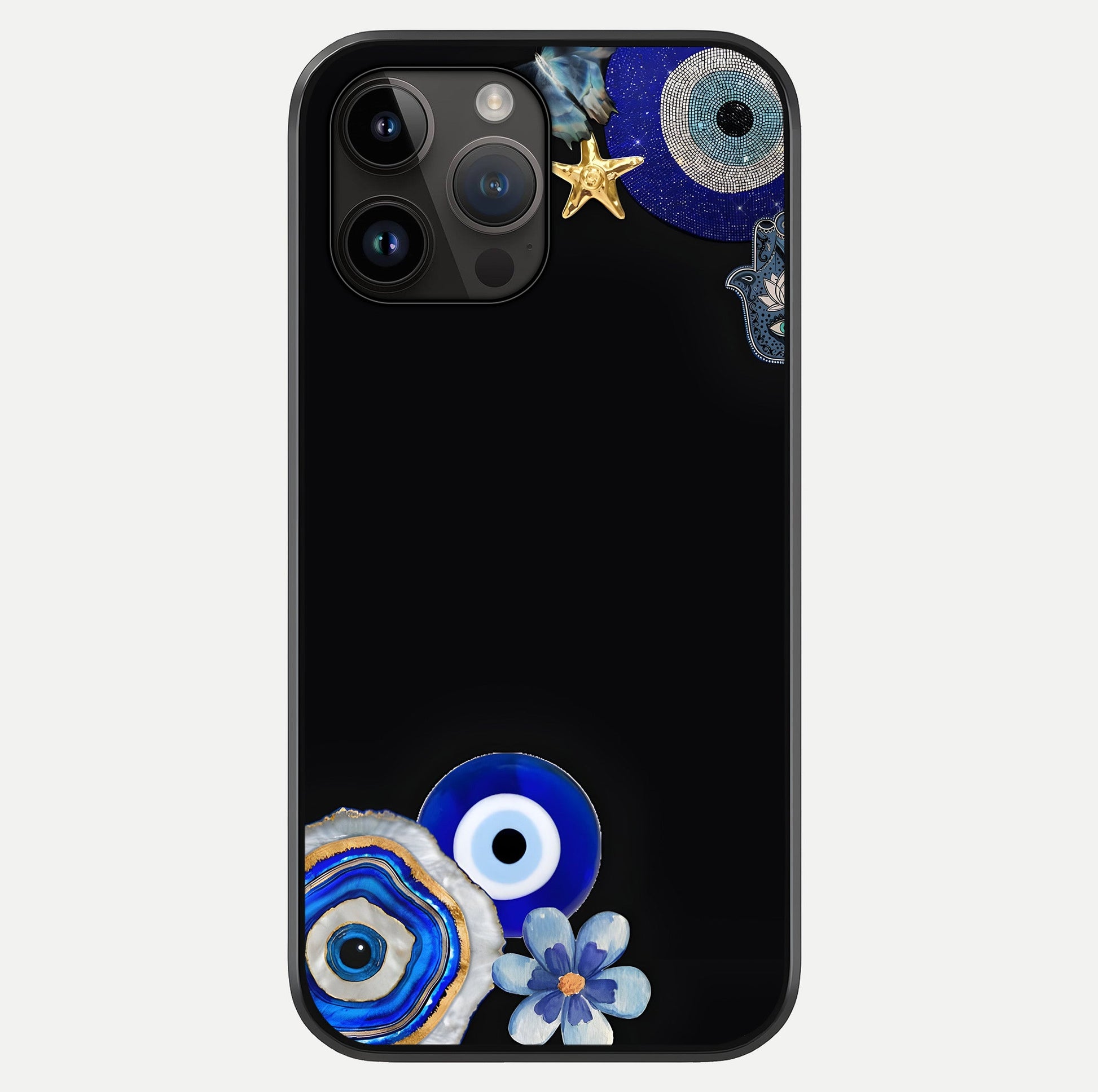 Aesthetic Blue Evil Eye Glass Case showing full back design in clean flat view with glossy glass finish.