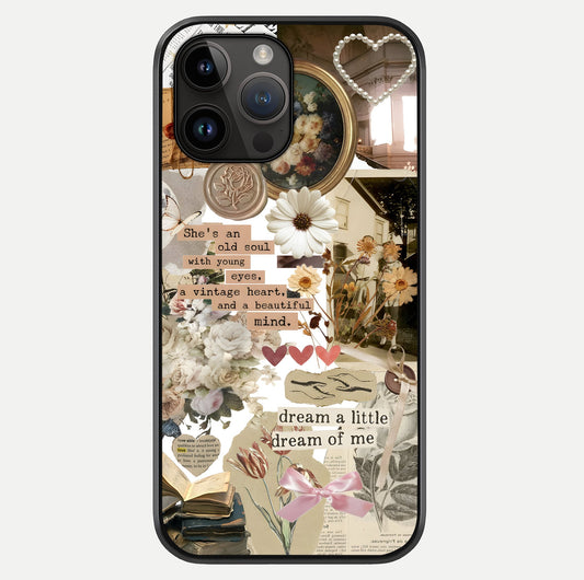 Aesthetic Brown Vintage Collage Glass Case showing full back design in clean flat view with glossy glass finish.
