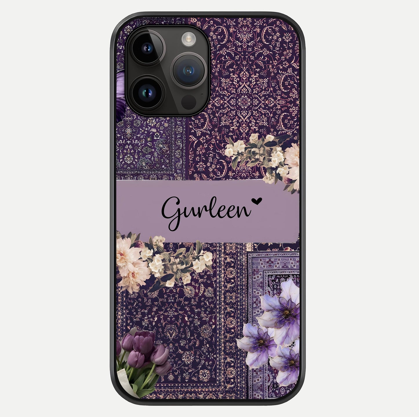 Antique Floral Whisper Custom Name Glass Case showing full back design in clean flat view with glossy glass finish.