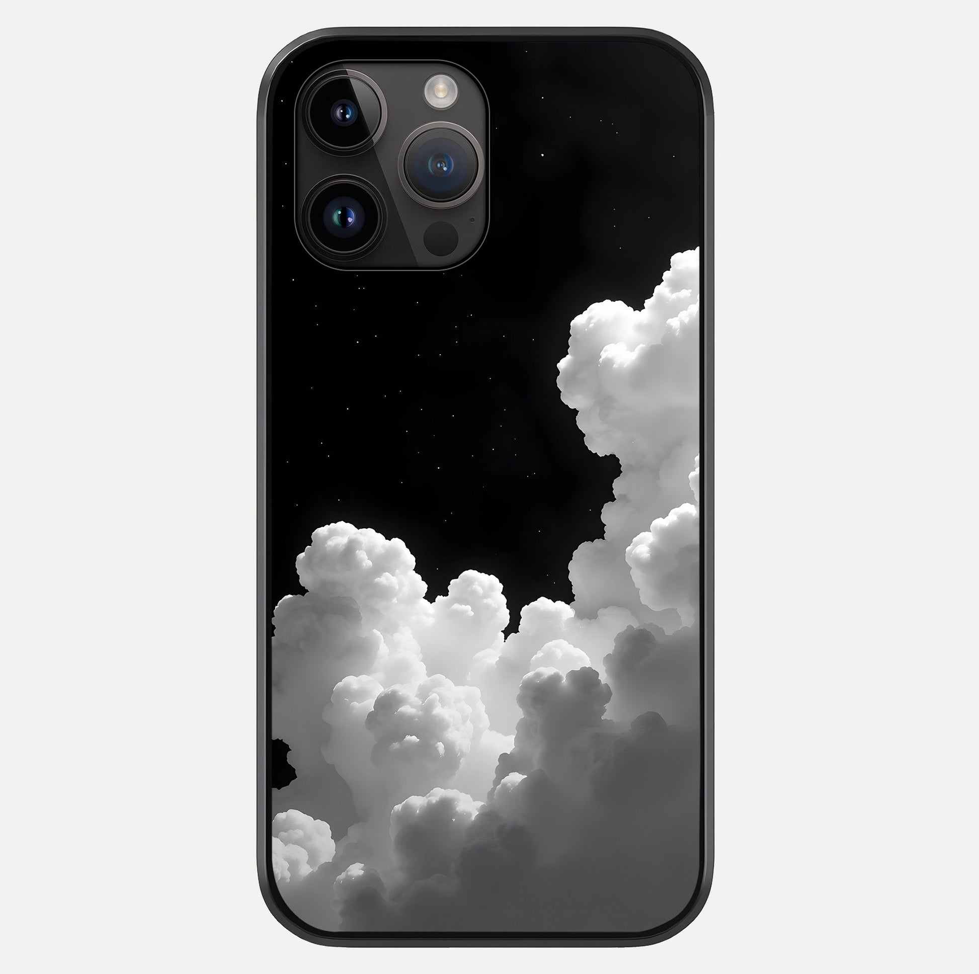 Black Background With White Cloud Glass Case showing full back design in clean flat view with glossy glass finish.