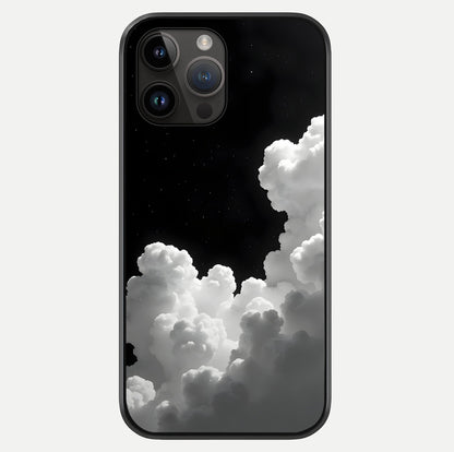 Black Background With White Cloud Glass Case showing full back design in clean flat view with glossy glass finish.