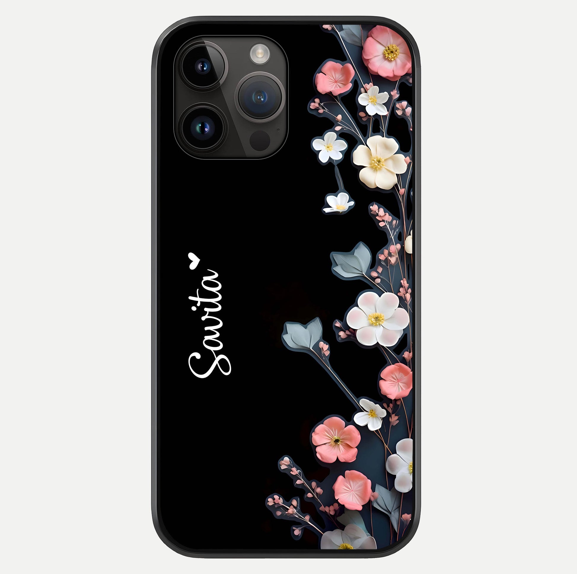 Black Elegance Floral Custom Name Glass Case showing full back design in clean flat view with glossy glass finish.