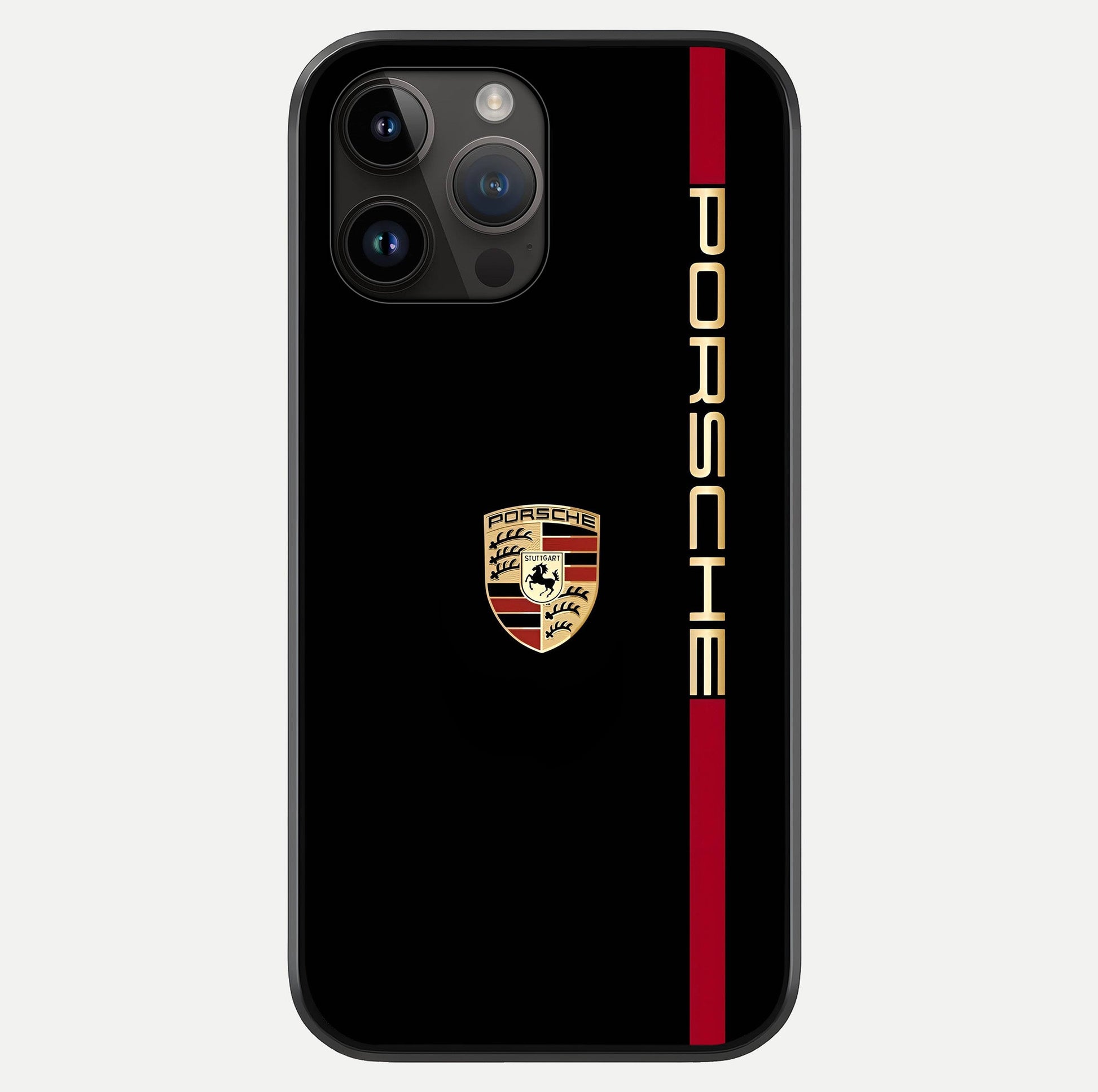 Black Minimal Porsche Glass Case showing full back design in clean flat view with glossy glass finish.