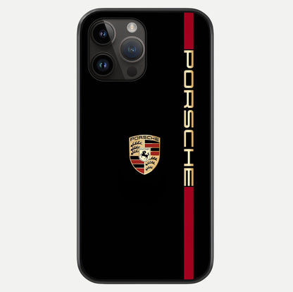 Black Minimal Porsche Glass Case showing full back design in clean flat view with glossy glass finish.