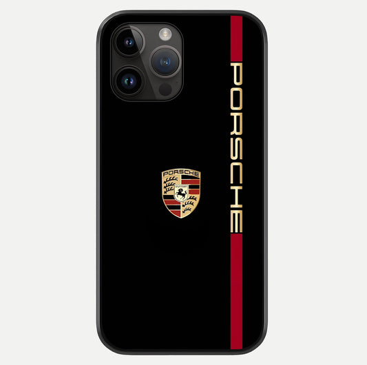 Black Minimal Porsche Glass Case showing full back design in clean flat view with glossy glass finish.