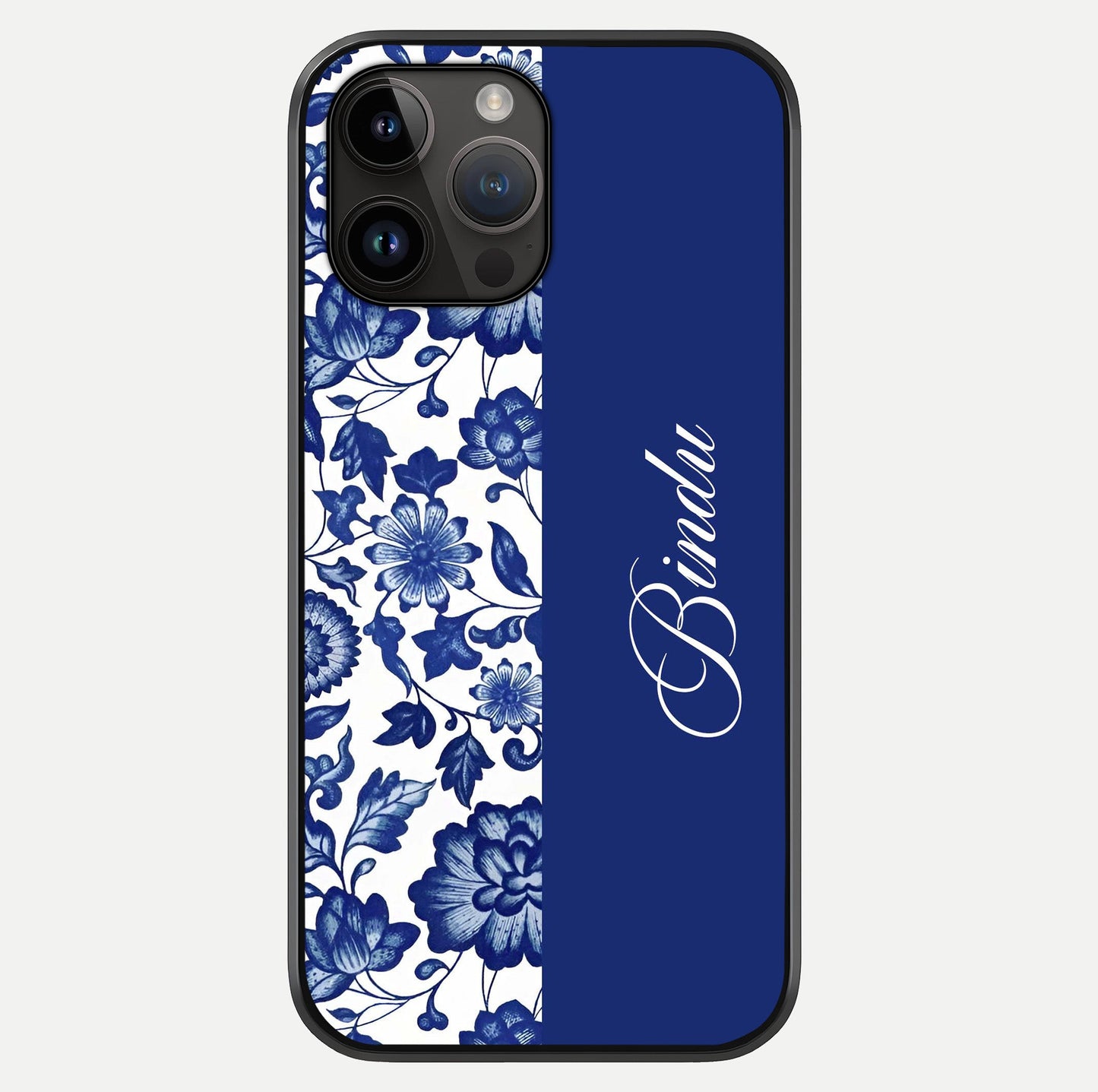 Blue Vintage Floral Pattern Glass Case showing full back design in clean flat view with glossy glass finish.
