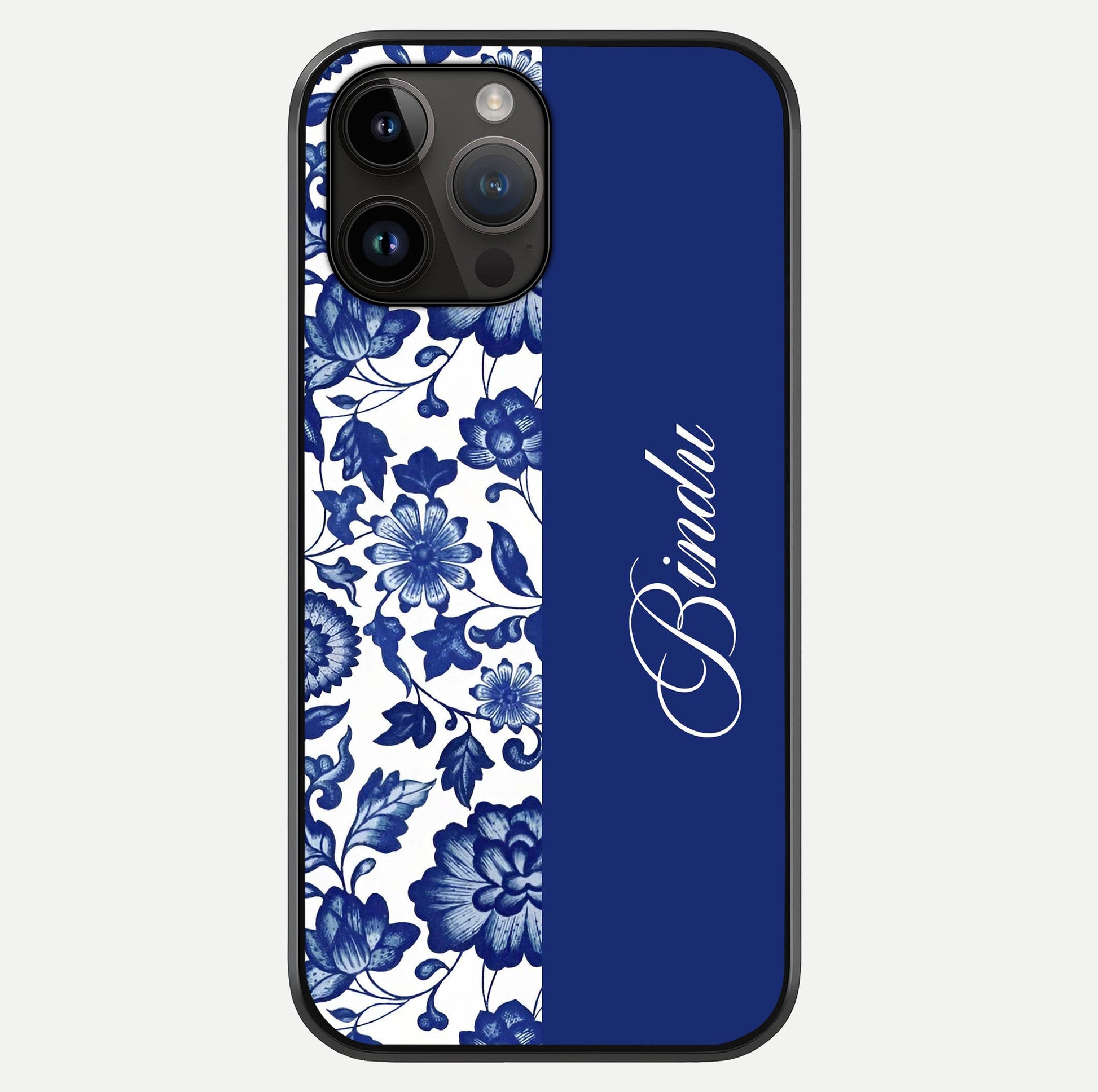 Blue Vintage Floral Pattern Glass Case showing full back design in clean flat view with glossy glass finish.