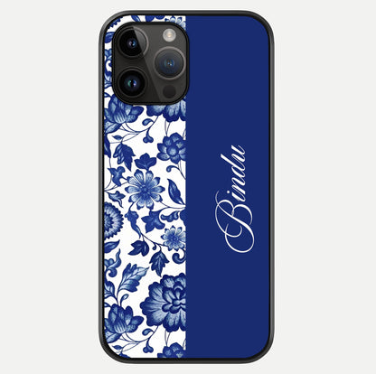 Blue Vintage Floral Pattern Glass Case showing full back design in clean flat view with glossy glass finish.