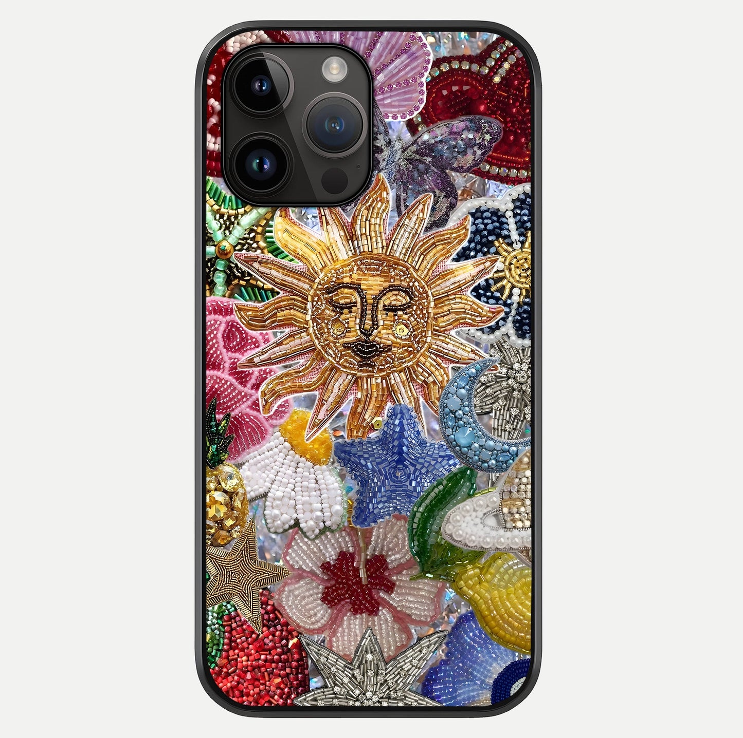 Celestial Floral And Playful Glass Case showing full back design in clean flat view with glossy glass finish.