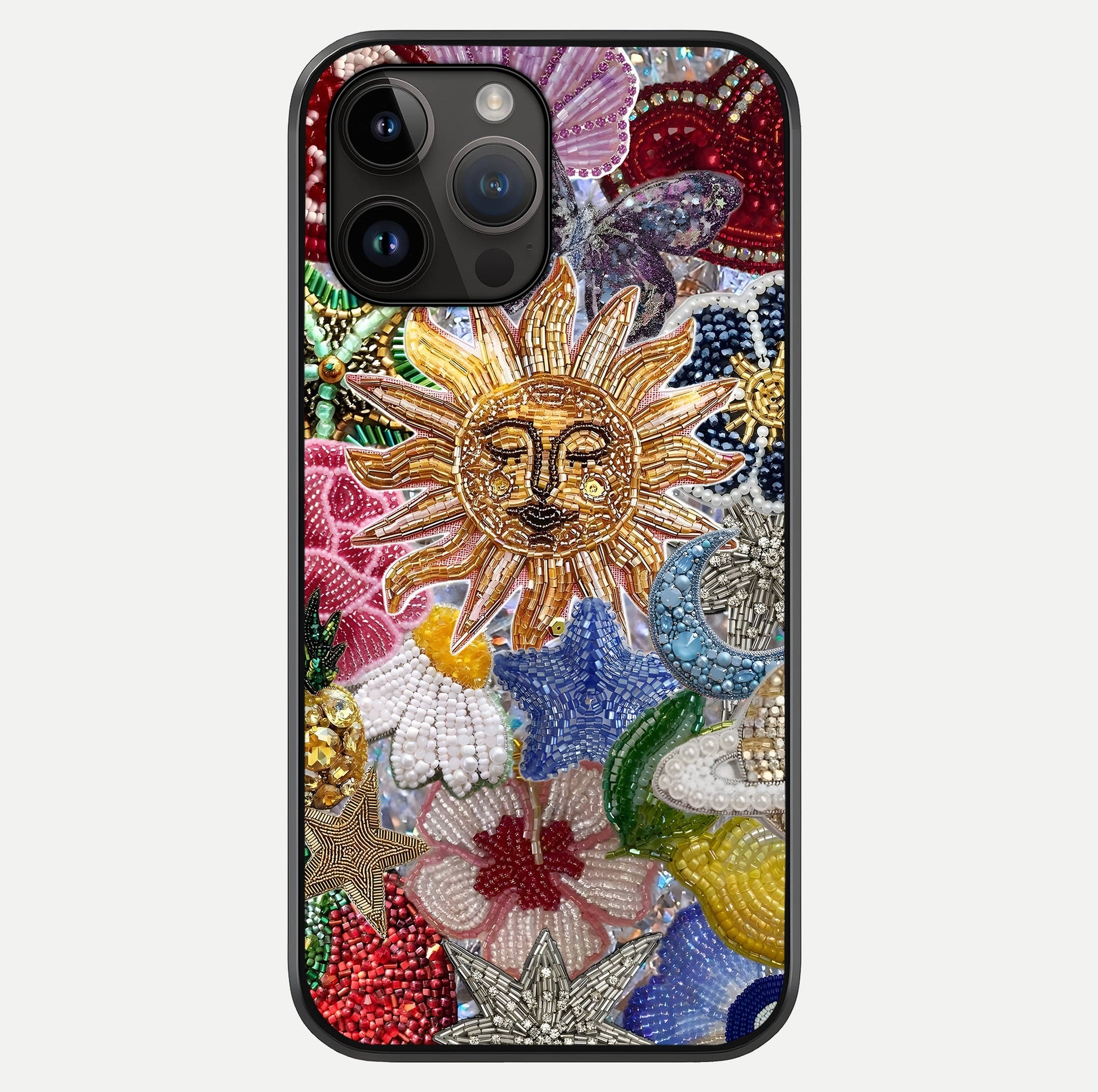 Celestial Floral And Playful Glass Case showing full back design in clean flat view with glossy glass finish.