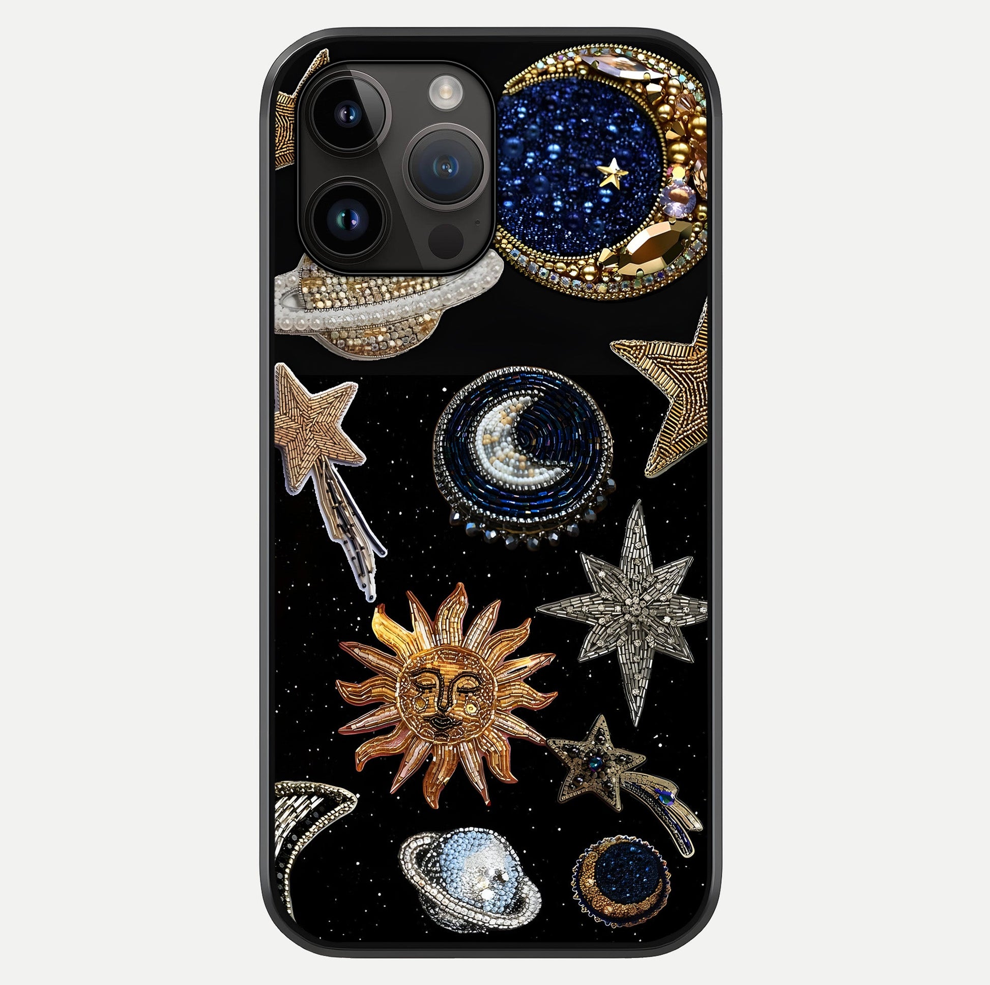 Celestial Gem Constellations Glass Case showing full back design in clean flat view with glossy glass finish.