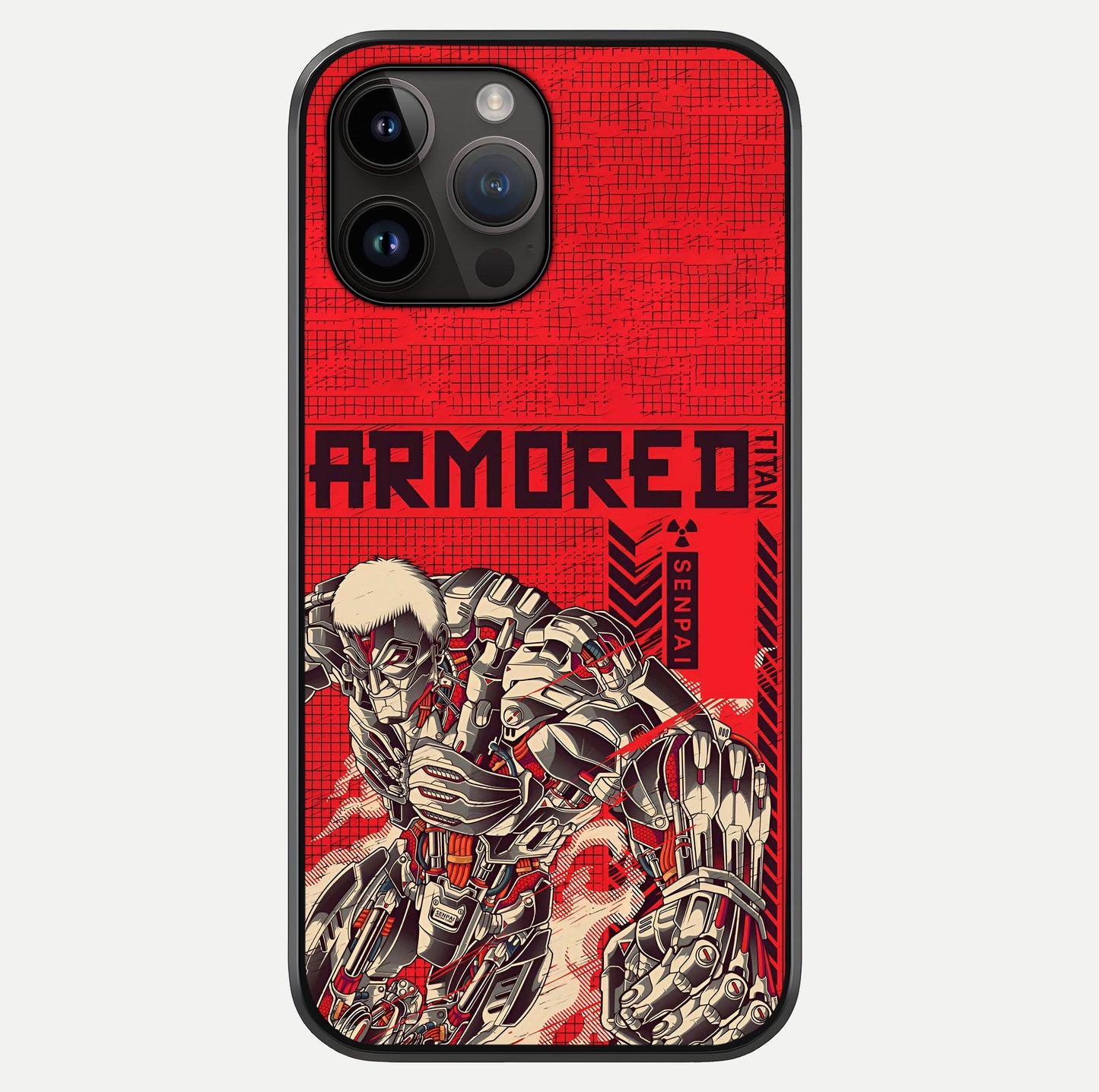 Crimson Mecha Titan Glass Case showing full back design in clean flat view with glossy glass finish.