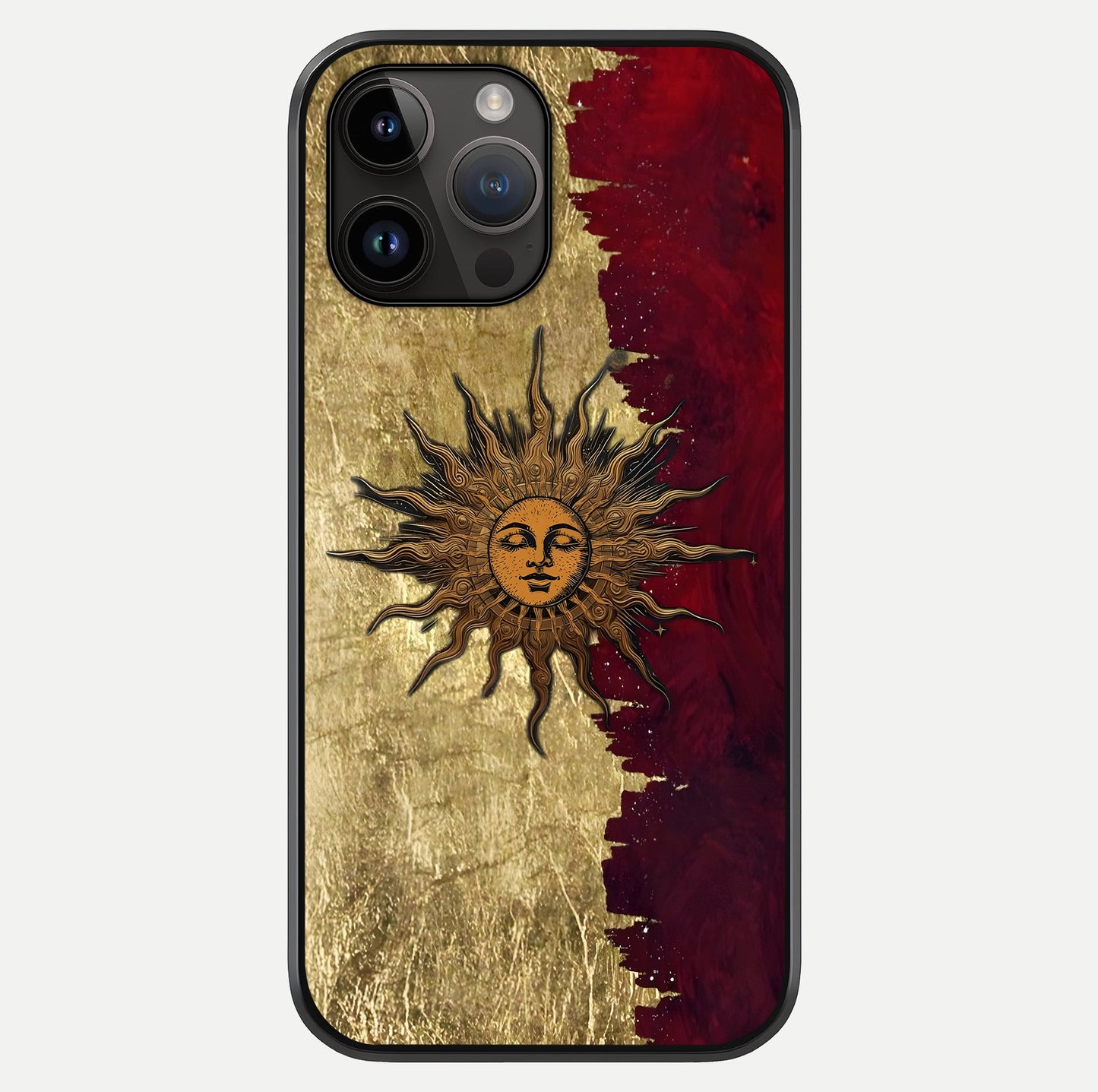 Crimson Sun Majesty Glass Case showing full back design in clean flat view with glossy glass finish.