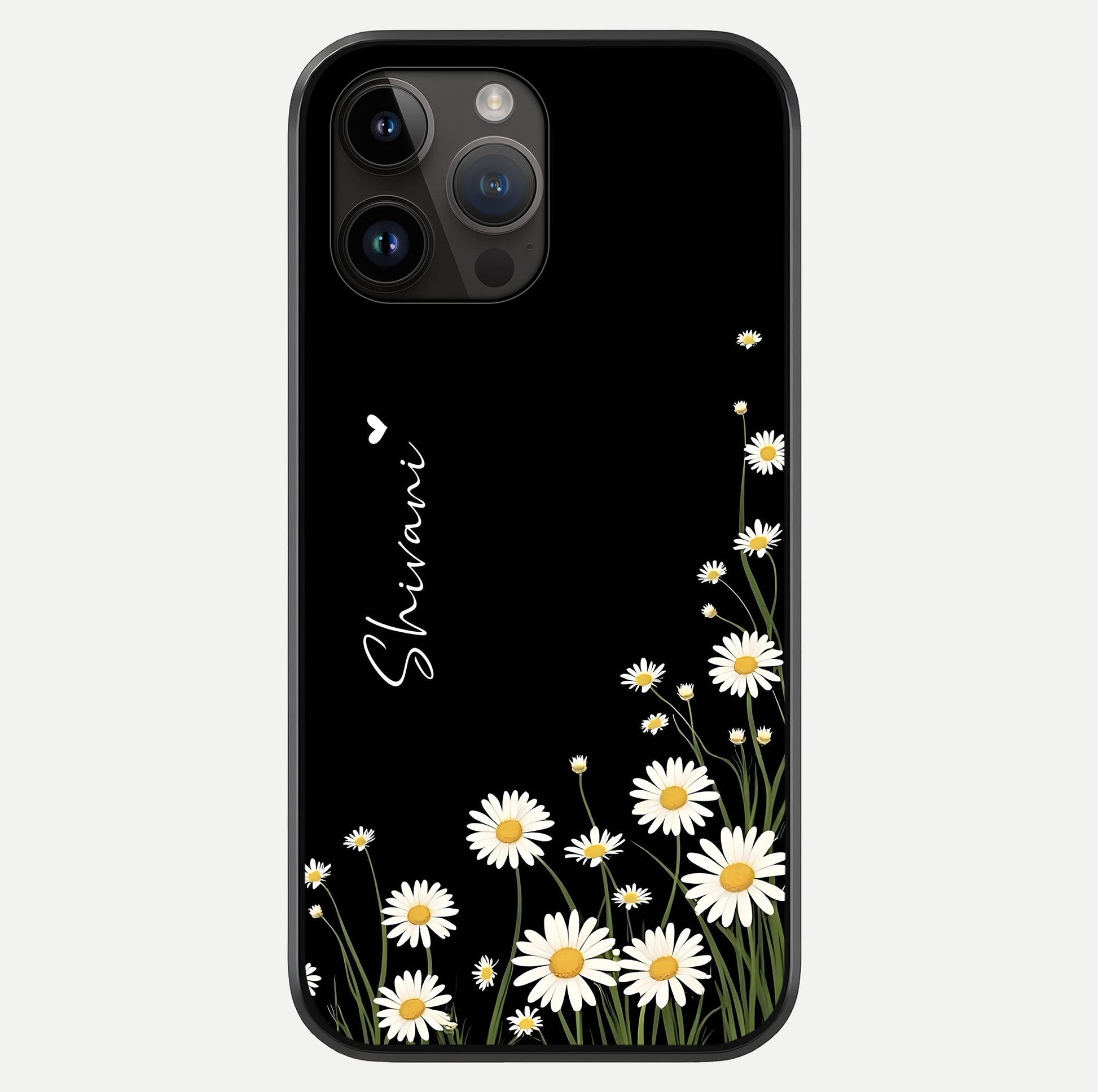 Daisy Cascade Custom Name Glass Case showing full back design in clean flat view with glossy glass finish.