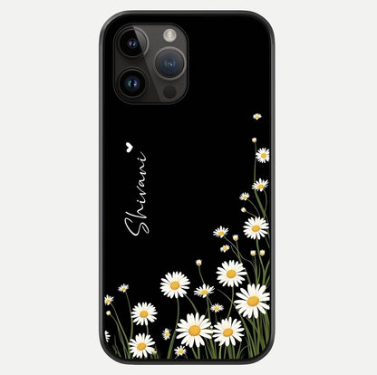 Daisy Cascade Custom Name Glass Case showing full back design in clean flat view with glossy glass finish.