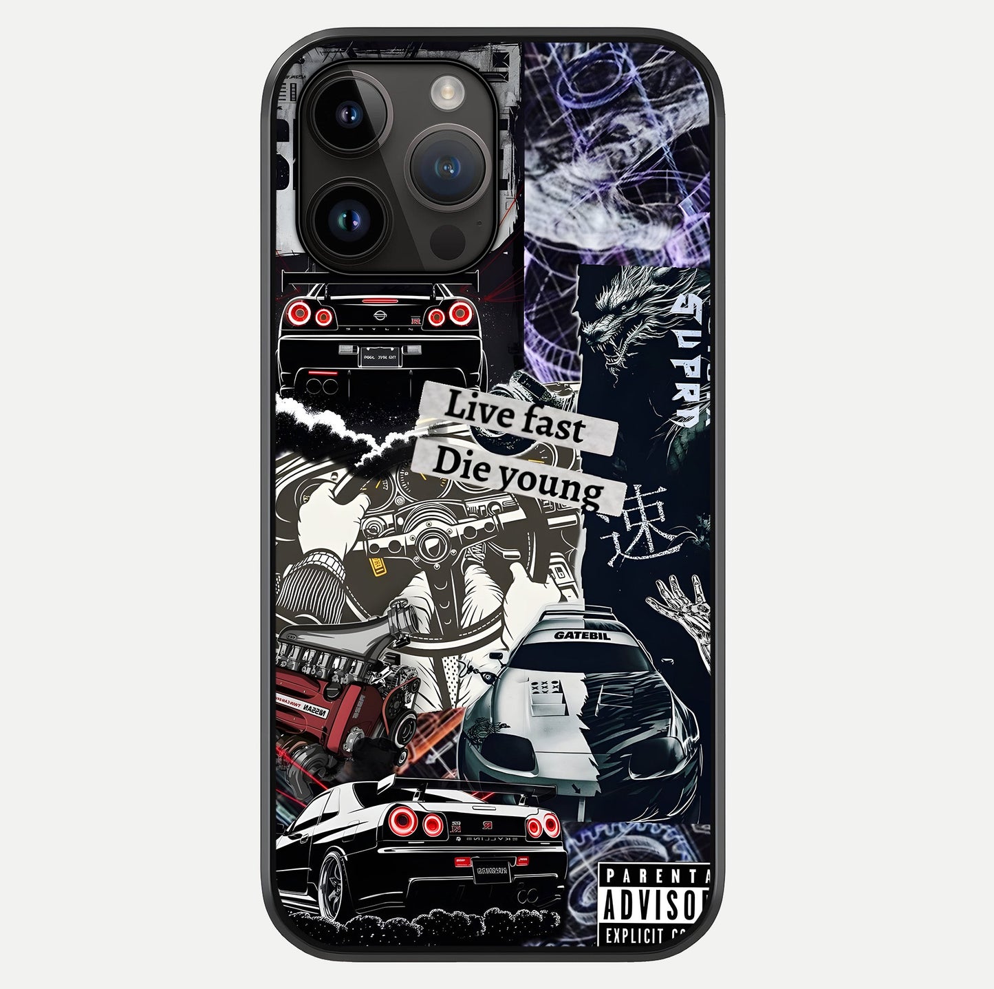 Die Young Glass Case showing full back design in clean flat view with glossy glass finish.
