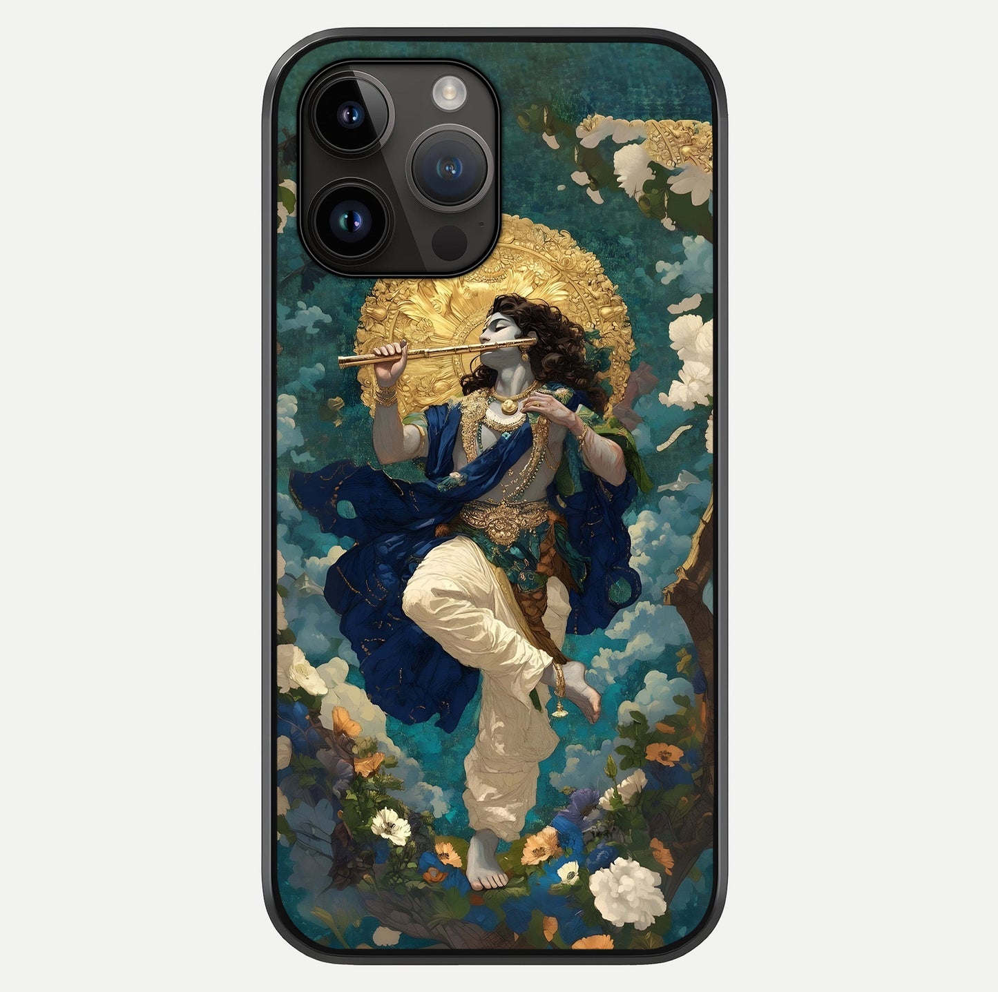 Divine Krishna Art Glass Case showing full back design in clean flat view with glossy glass finish.