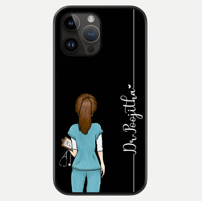 Doctor Pattern Custom Name Glass Case showing full back design in clean flat view with glossy glass finish.