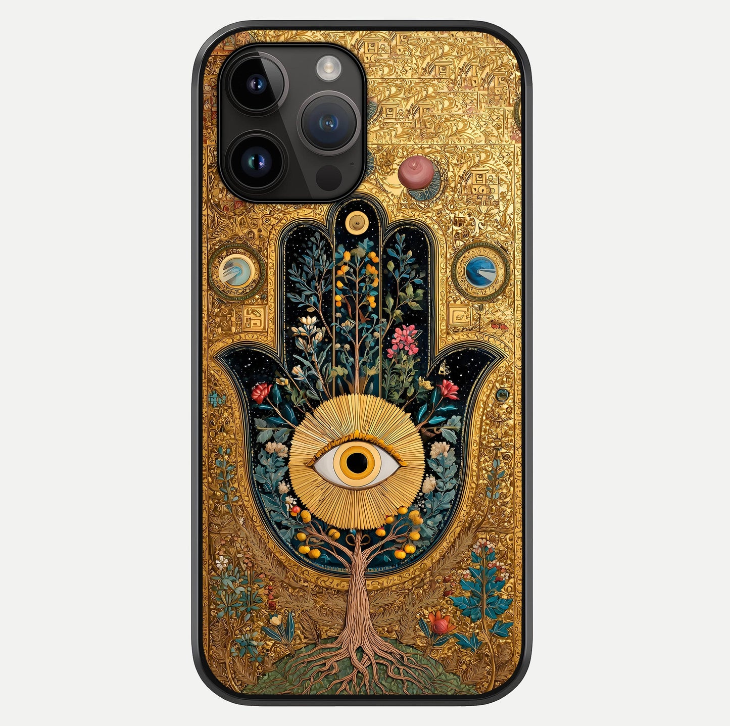 Ethereal Evil Eye Glass Case showing full back design in clean flat view with glossy glass finish.