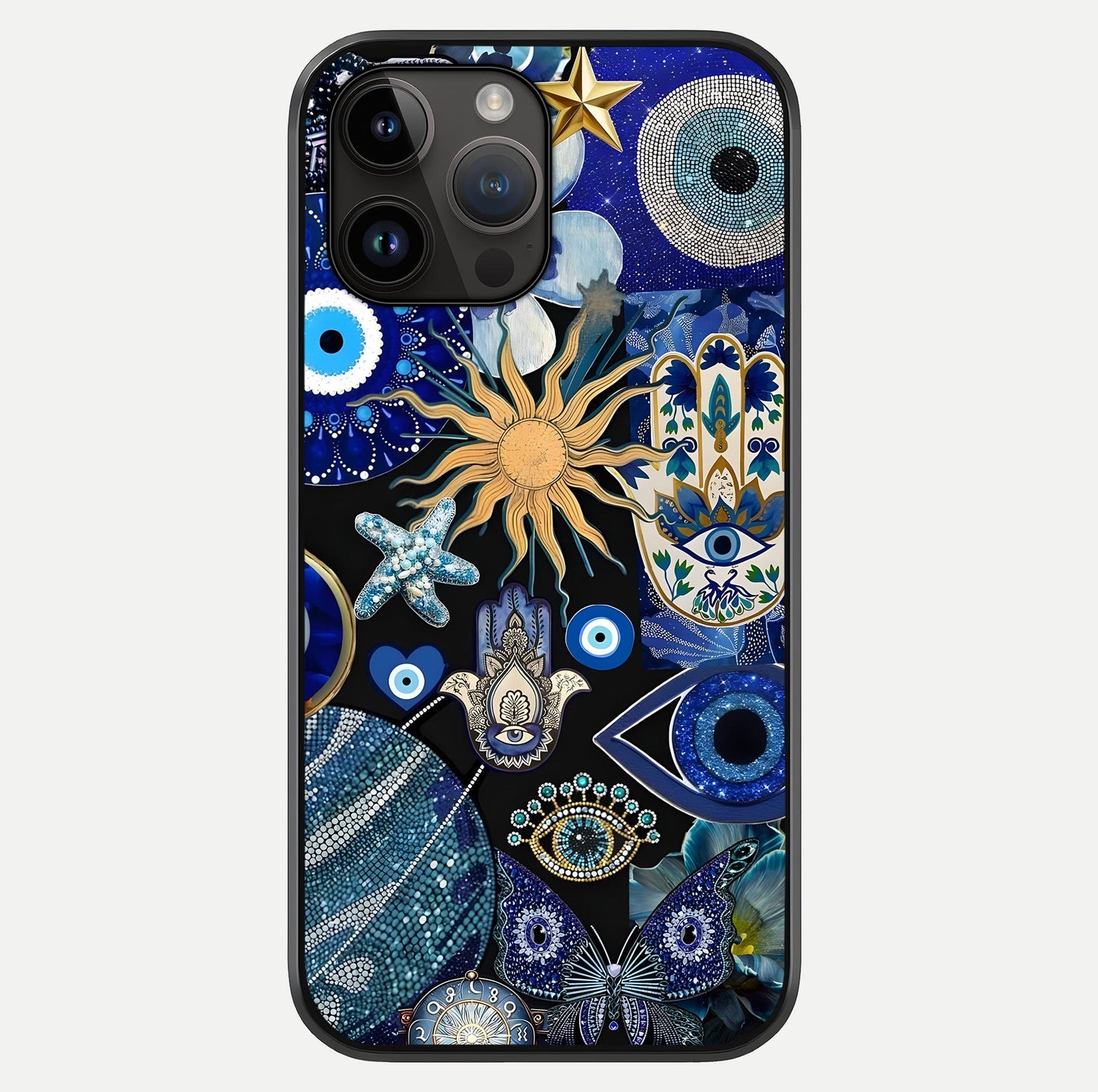 Evil Eye Charm Mix Glass Case showing full back design in clean flat view with glossy glass finish.