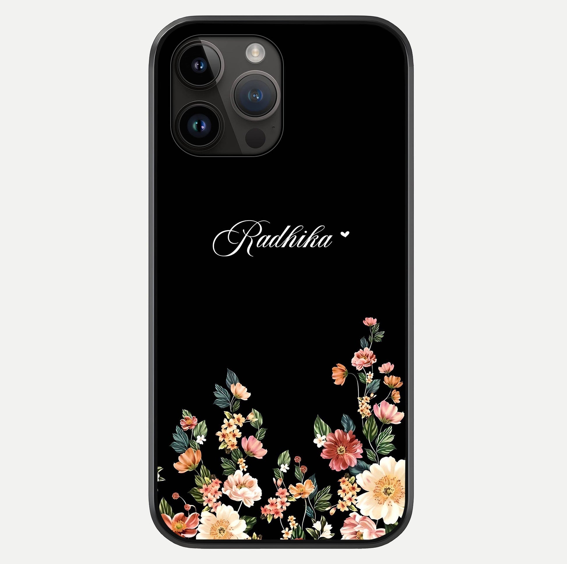 Floral Design With A Custom Personalized Name Glass Case showing full back design in clean flat view with glossy glass finish.