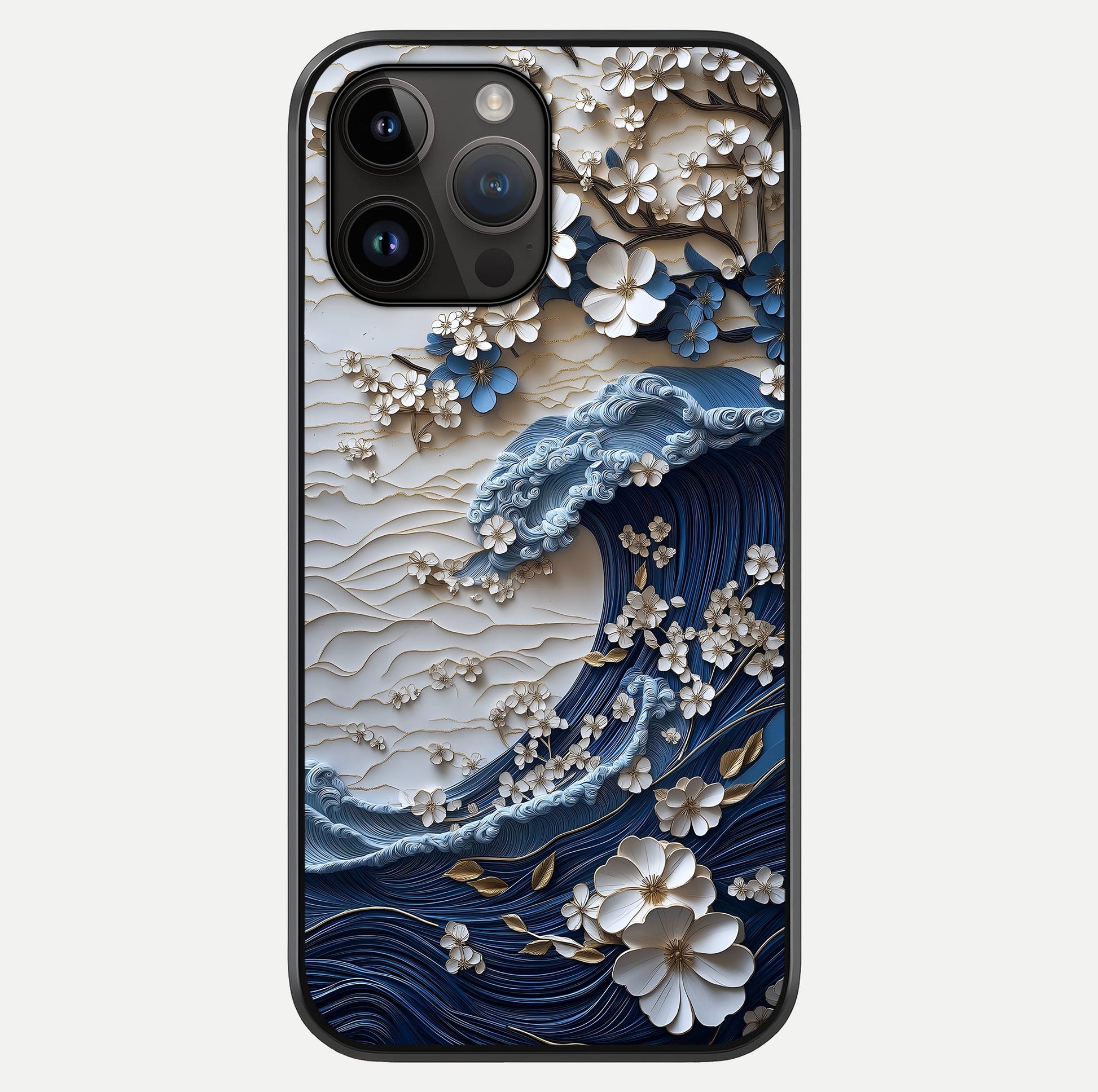 Floral Wave Origami Glass Case showing full back design in clean flat view with glossy glass finish.