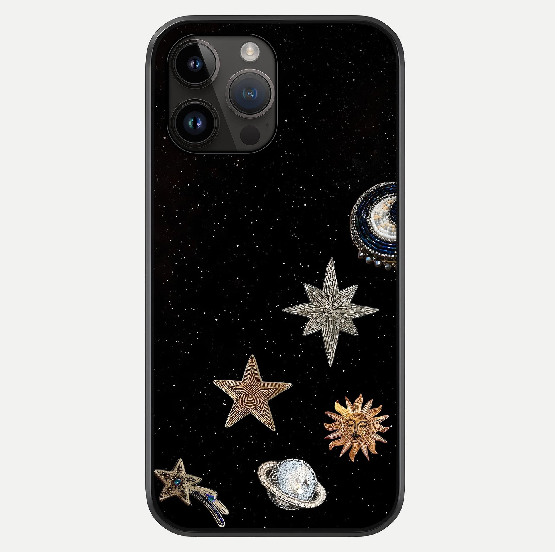 Galactic Charm Glow Glass Case showing full back design in clean flat view with glossy glass finish.