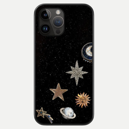 Galactic Charm Glow Glass Case showing full back design in clean flat view with glossy glass finish.