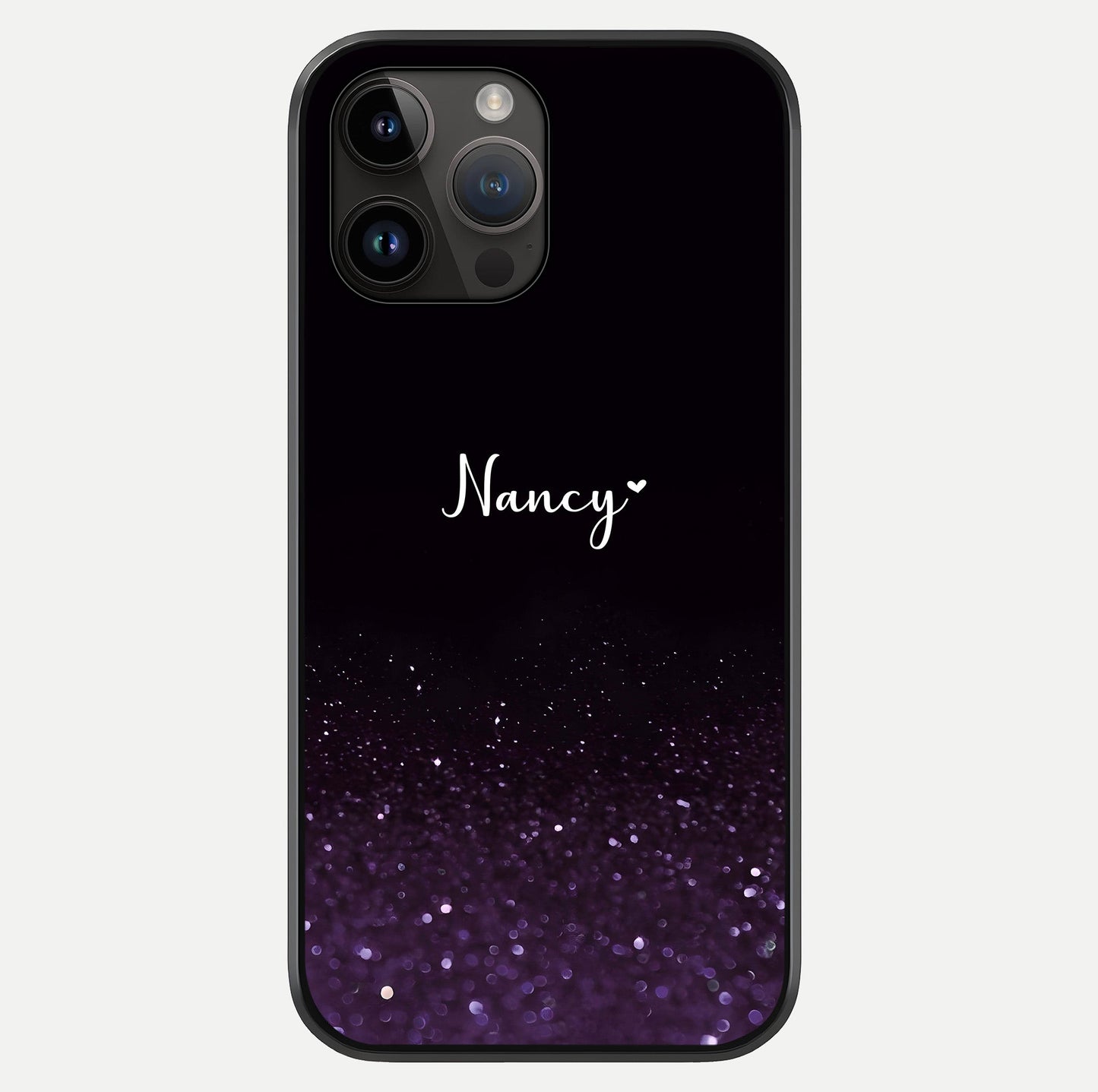 Glittery Purple Bokeh Custom Name Glass Case showing full back design in clean flat view with glossy glass finish.