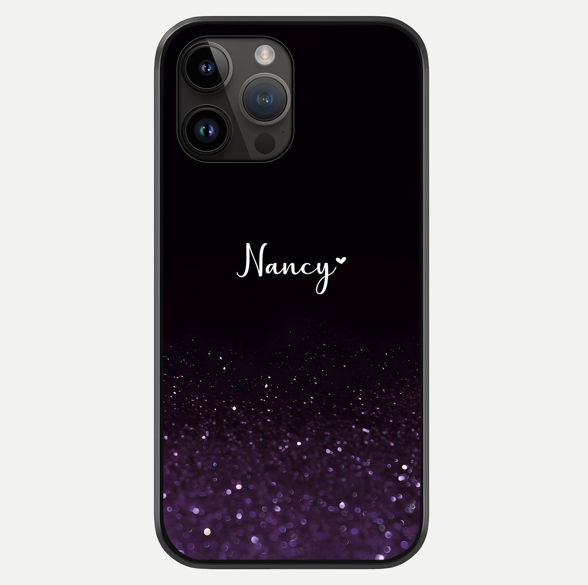 Glittery Purple Bokeh Custom Name Glass Case showing full back design in clean flat view with glossy glass finish.