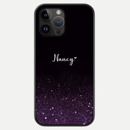 Glittery Purple Bokeh Custom Name Glass Case showing full back design in clean flat view with glossy glass finish.