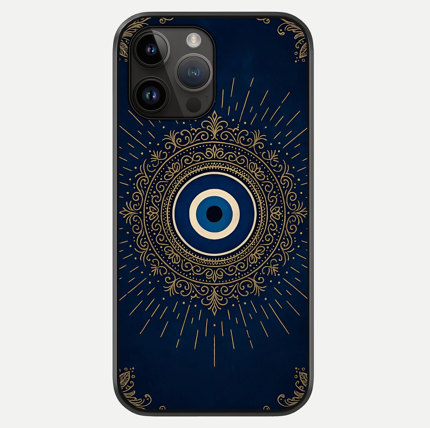 Golden Evil Eye Mandala Glass Case showing full back design in clean flat view with glossy glass finish.