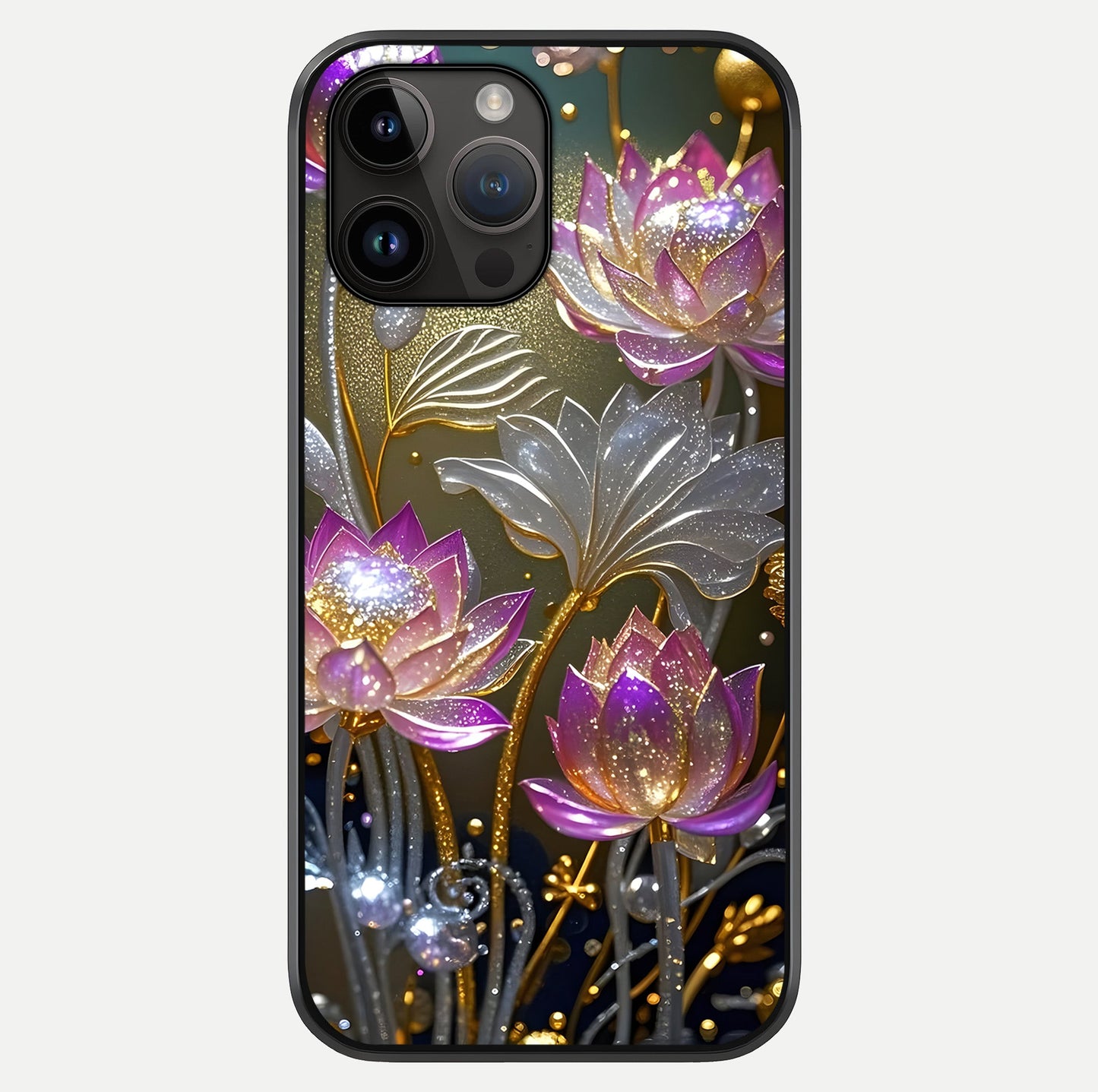 Golden Lotus Glow Glass Case showing full back design in clean flat view with glossy glass finish.