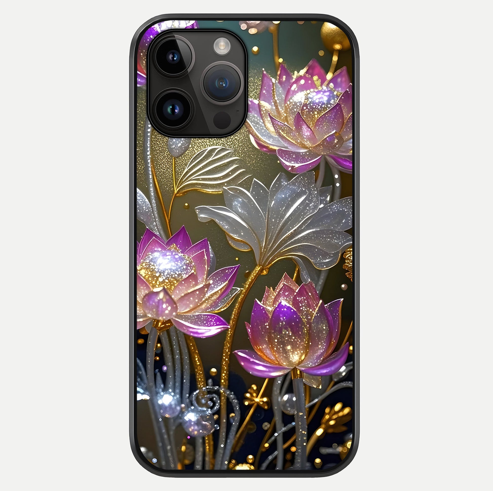 Golden Lotus Glow Glass Case showing full back design in clean flat view with glossy glass finish.