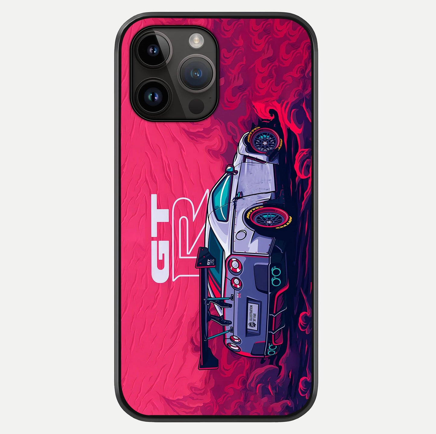 GT R Car Pattern Glass Case showing full back design in clean flat view with glossy glass finish.