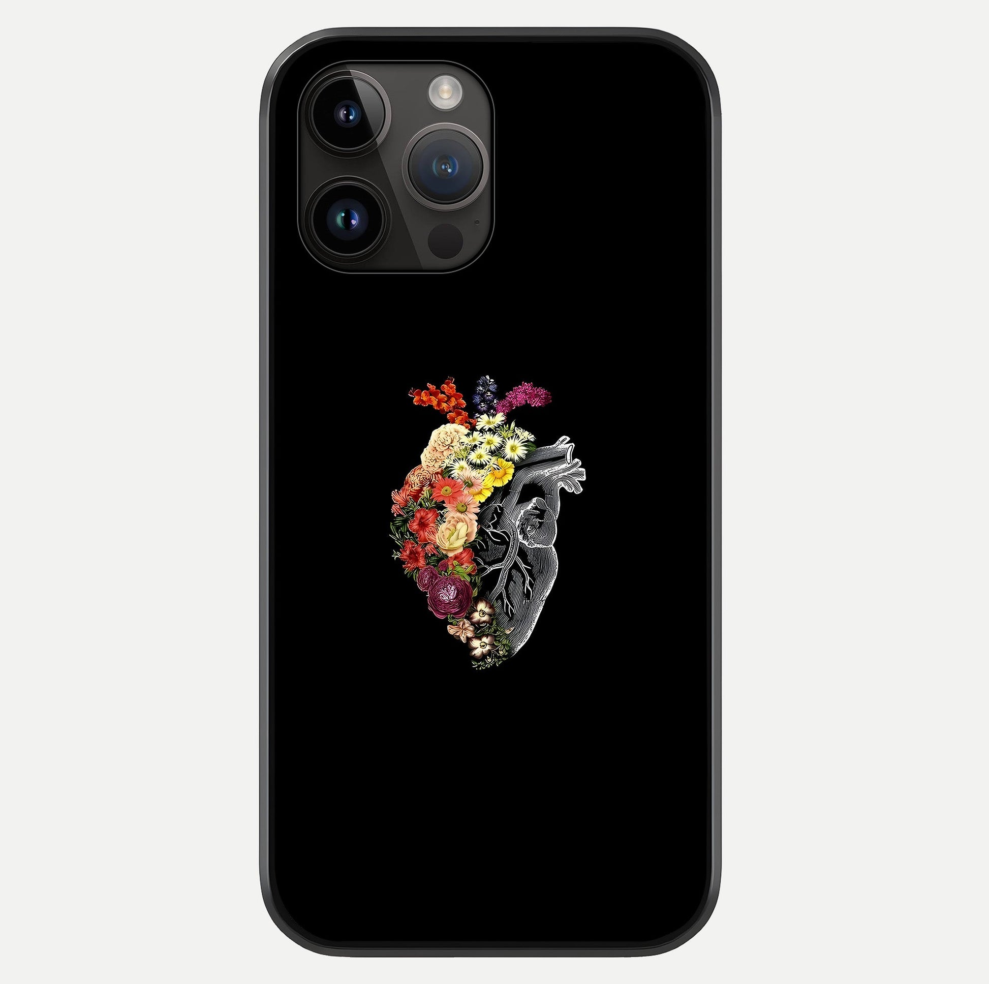 Heart With Flowers Glass Case showing full back design in clean flat view with glossy glass finish.