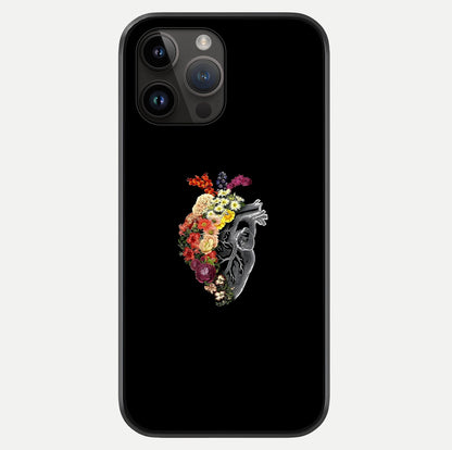 Heart With Flowers Glass Case showing full back design in clean flat view with glossy glass finish.