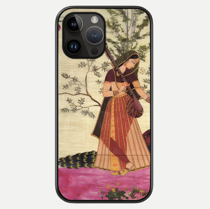 Lady With Veena Art Glass Case showing full back design in clean flat view with glossy glass finish.