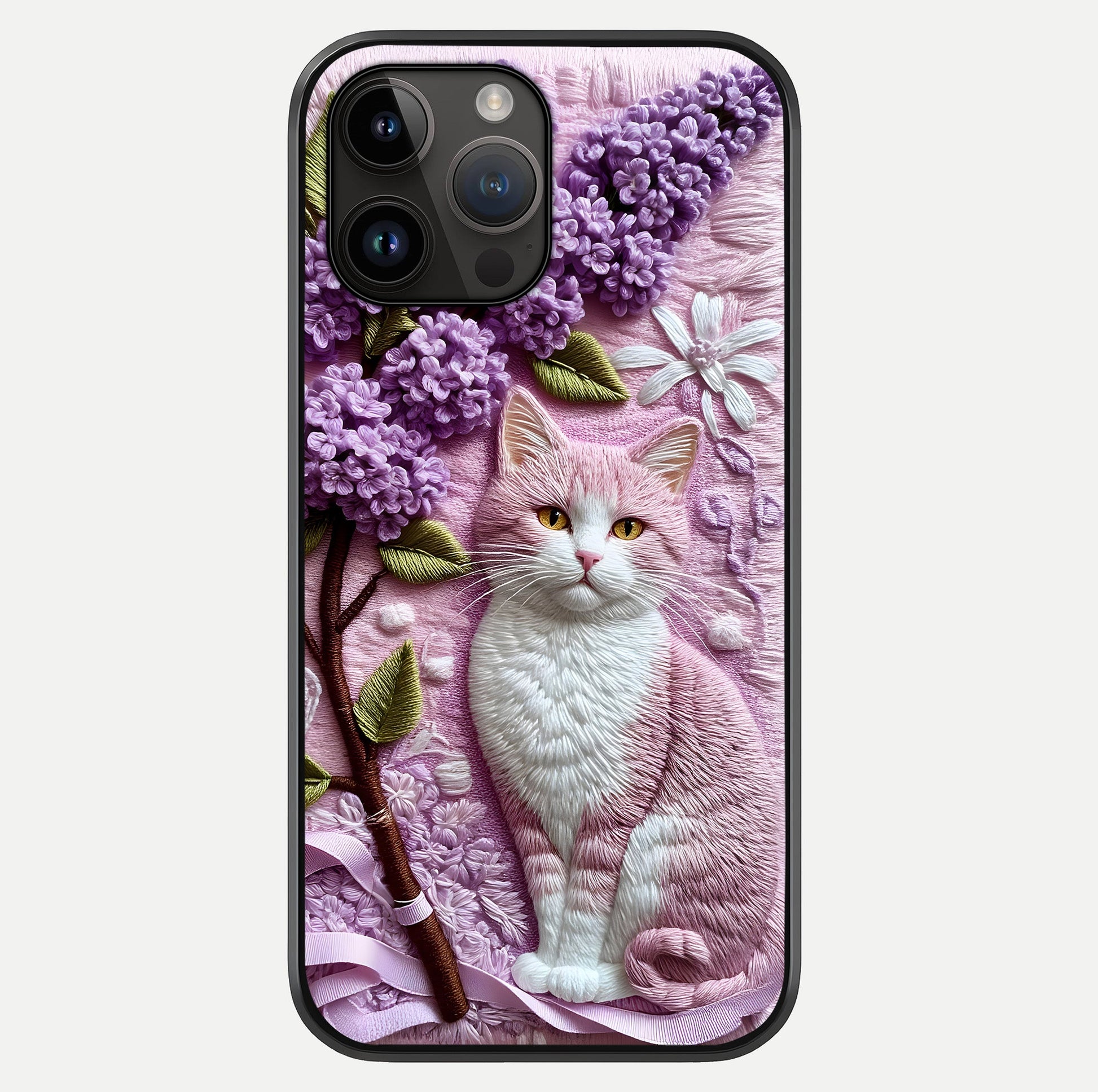 Lavender Cat Whimsy Glass Case showing full back design in clean flat view with glossy glass finish.