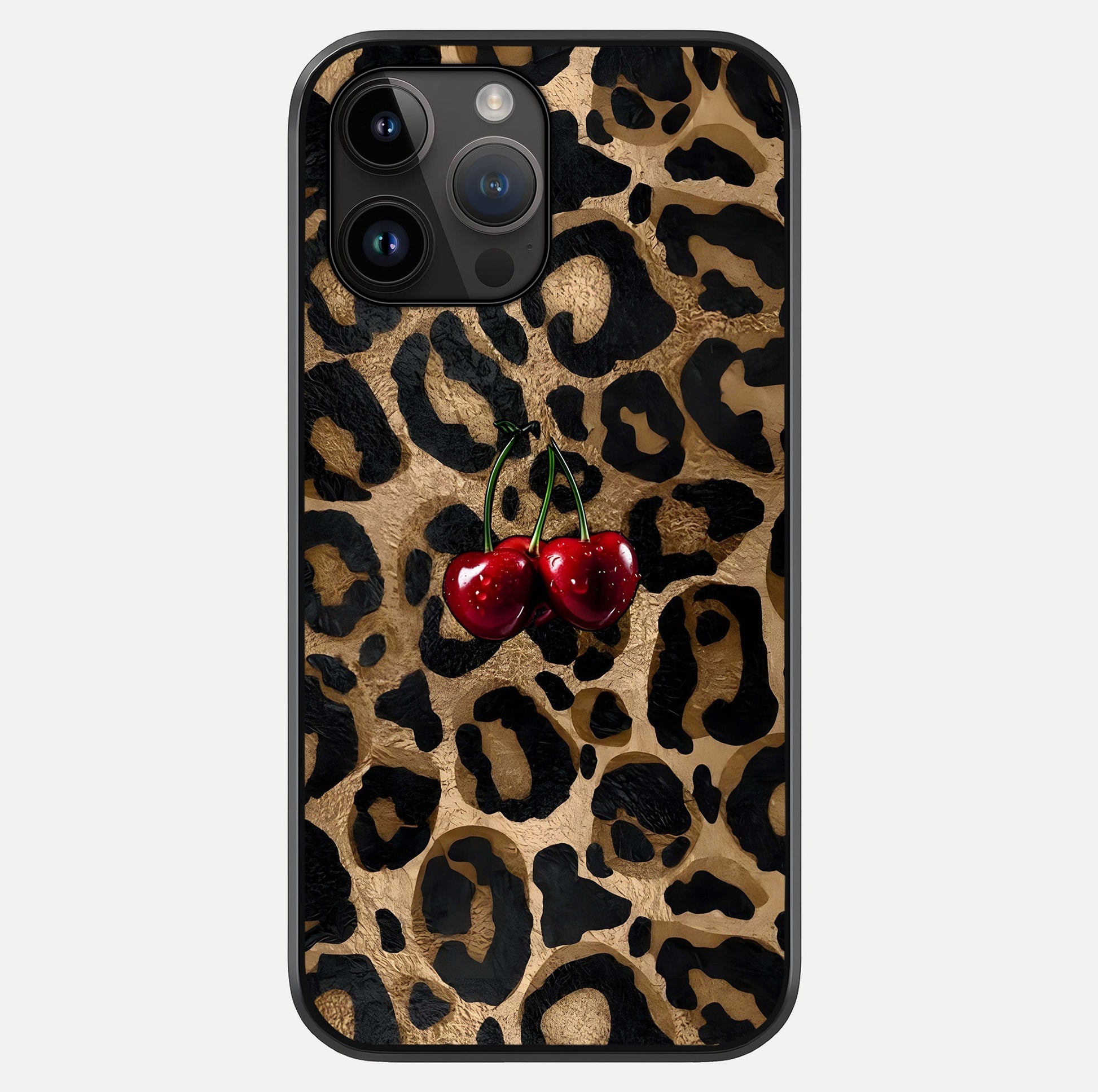 Leopard Wild Cherry Glass Case showing full back design in clean flat view with glossy glass finish.