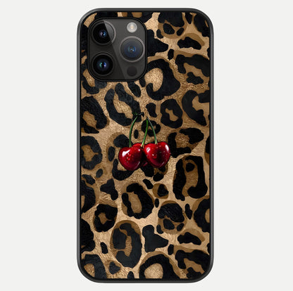 Leopard Wild Cherry Glass Case showing full back design in clean flat view with glossy glass finish.