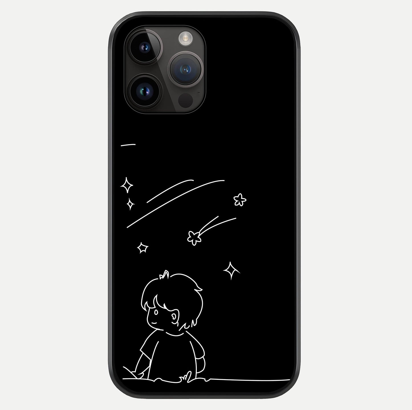 Line Art Boy With Shooting Stars Glass Case showing full back design in clean flat view with glossy glass finish.