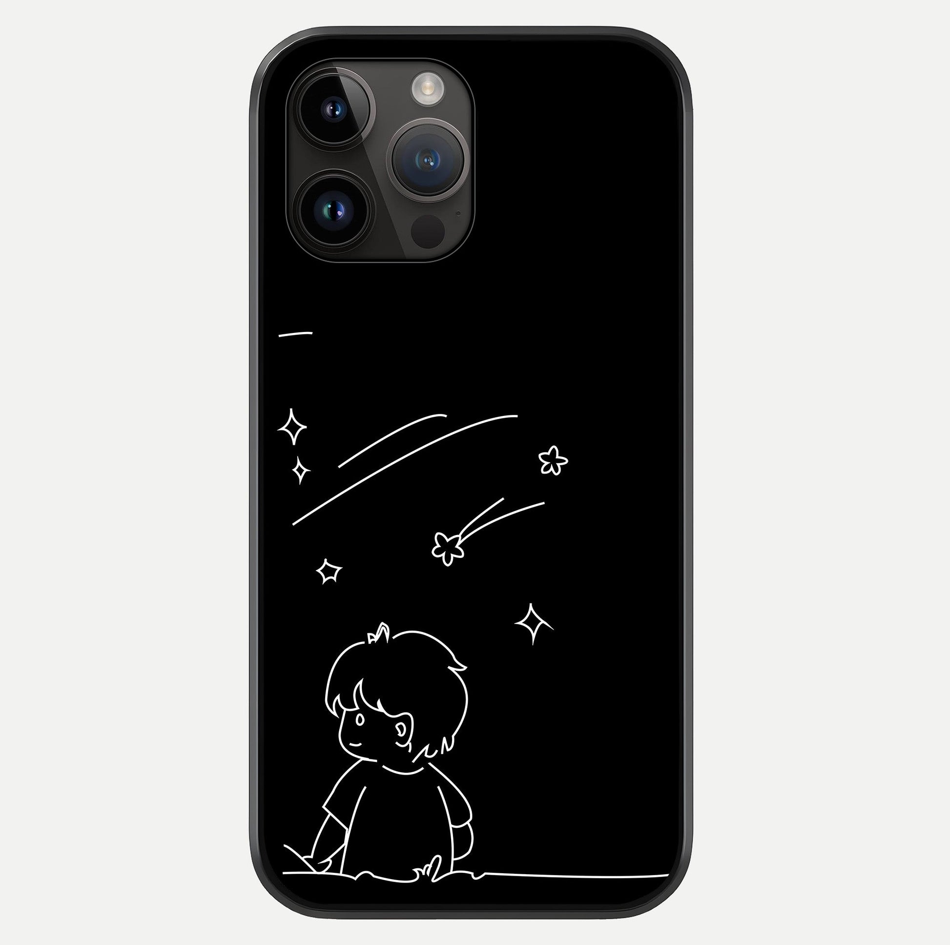 Line Art Boy With Shooting Stars Glass Case showing full back design in clean flat view with glossy glass finish.