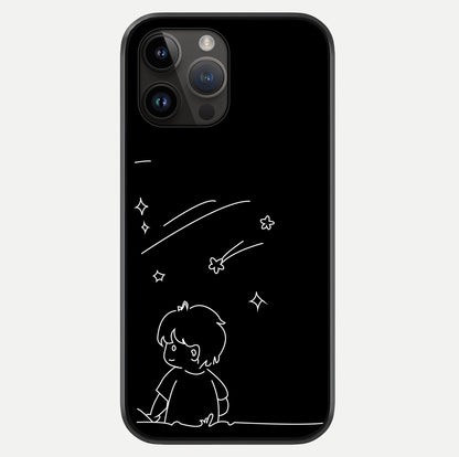 Line Art Boy With Shooting Stars Glass Case showing full back design in clean flat view with glossy glass finish.