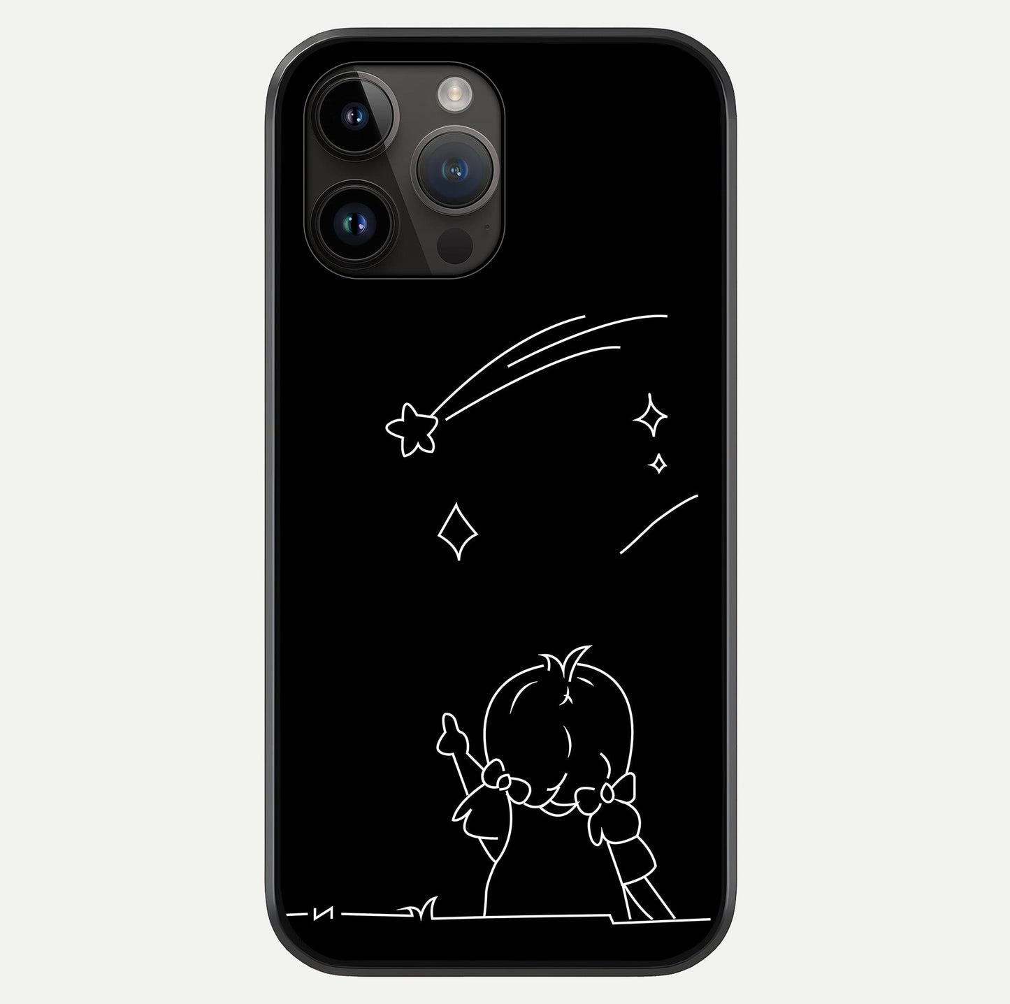 Line Art Girl With Shooting Stars Glass Case showing full back design in clean flat view with glossy glass finish.
