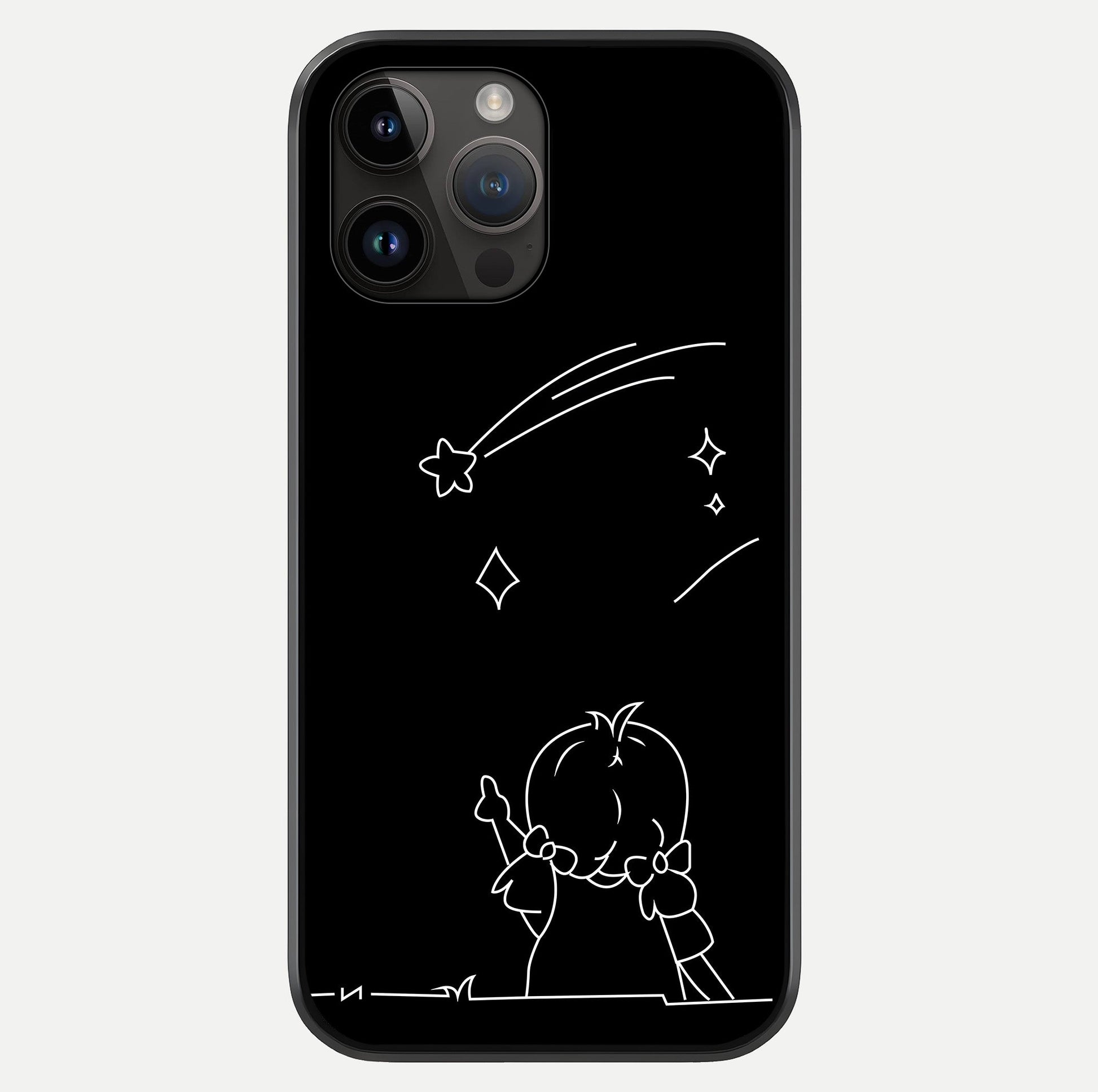 Line Art Girl With Shooting Stars Glass Case showing full back design in clean flat view with glossy glass finish.