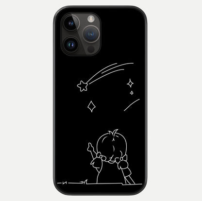 Line Art Girl With Shooting Stars Glass Case showing full back design in clean flat view with glossy glass finish.